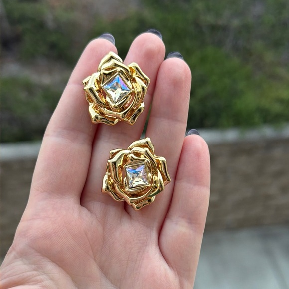 Gold Rose Crystal Earrings | - Picture 3 of 4
